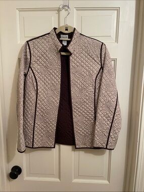 Chico's Quilted Floral Mandarin Collar Jacket in Taupe with Dark Brown Trim
